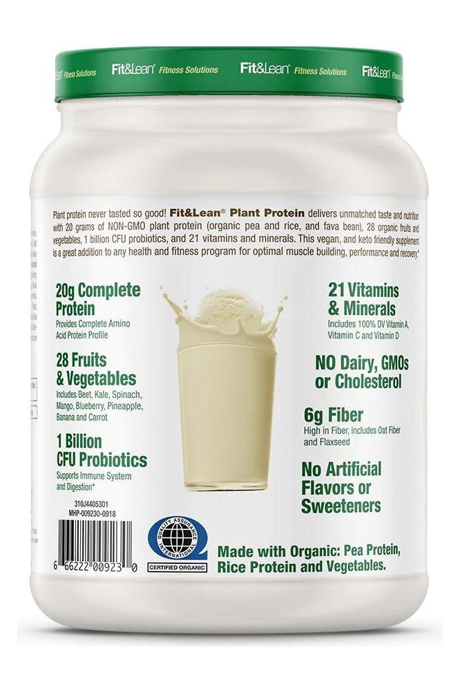 Fit & Lean Plant Protein jar showcasing 20g protein, 28 fruits & veggies, and 1 billion CFU probiotics.