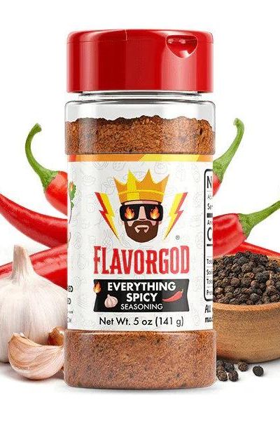 FlavorGod Everything Spicy Seasoning bottle with garlic, chili peppers, and spices.