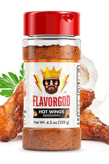 FlavorGod Hot Wings Seasoning bottle with chicken wings and garlic, perfect for enhancing your favorite snacks.