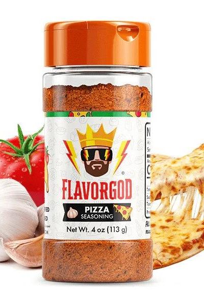 FlavorGod Pizza Seasoning jar with garlic, tomatoes, and pizza slice background, ideal for enhancing meals.