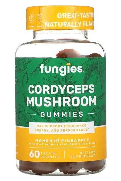 Fungies Cordyceps Mushroom Gummies in mango and pineapple flavor, boost energy and endurance, 60 count.