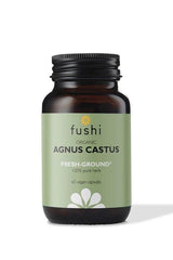 Fushi Organic Chaste Tree capsules in a dark glass bottle, 60 vegan capsules for PMS relief.