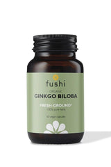 Fushi Organic Ginkgo Biloba bottle featuring 60 vegan capsules, known for cognitive support and well-being.