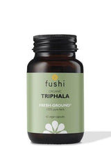 Fushi Organic Triphala 60 vegan capsules in a dark bottle, promoting natural body detox and digestive health.
