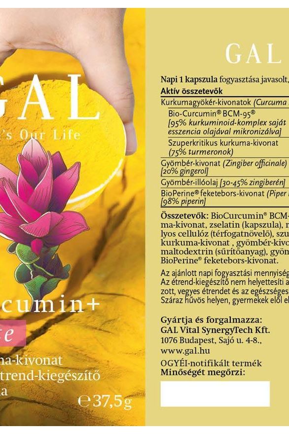 GAL Biocurcumin+ Forte product label highlighting ingredients and benefits for inflammation and immune support.