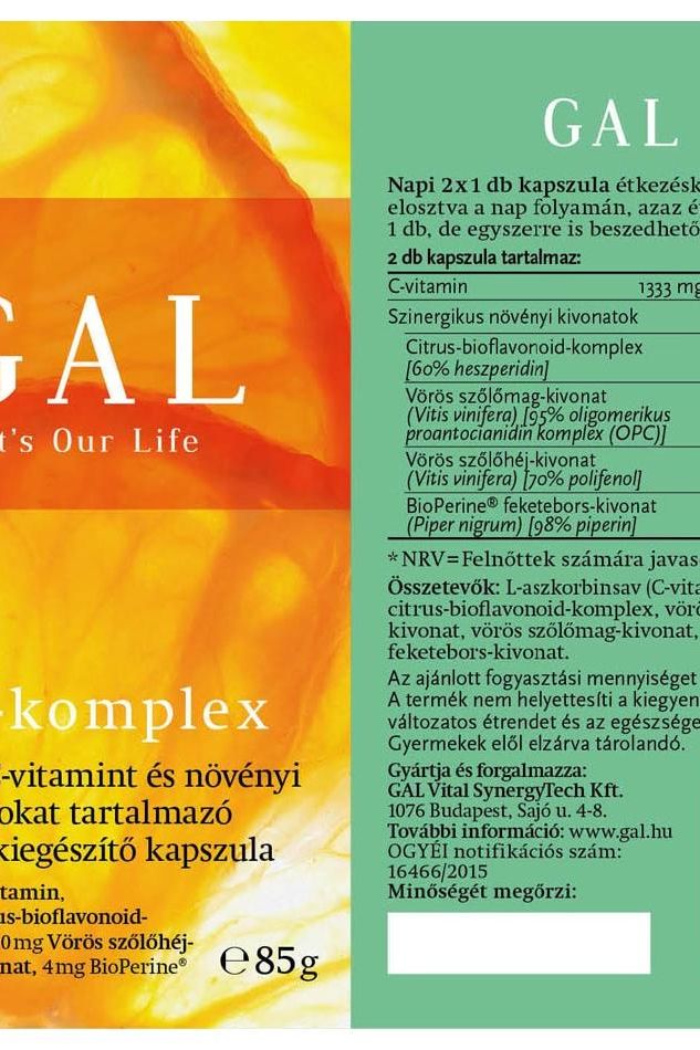 Product label of GAL - C-komplex 90 capsules highlighting immune support and antioxidant properties.