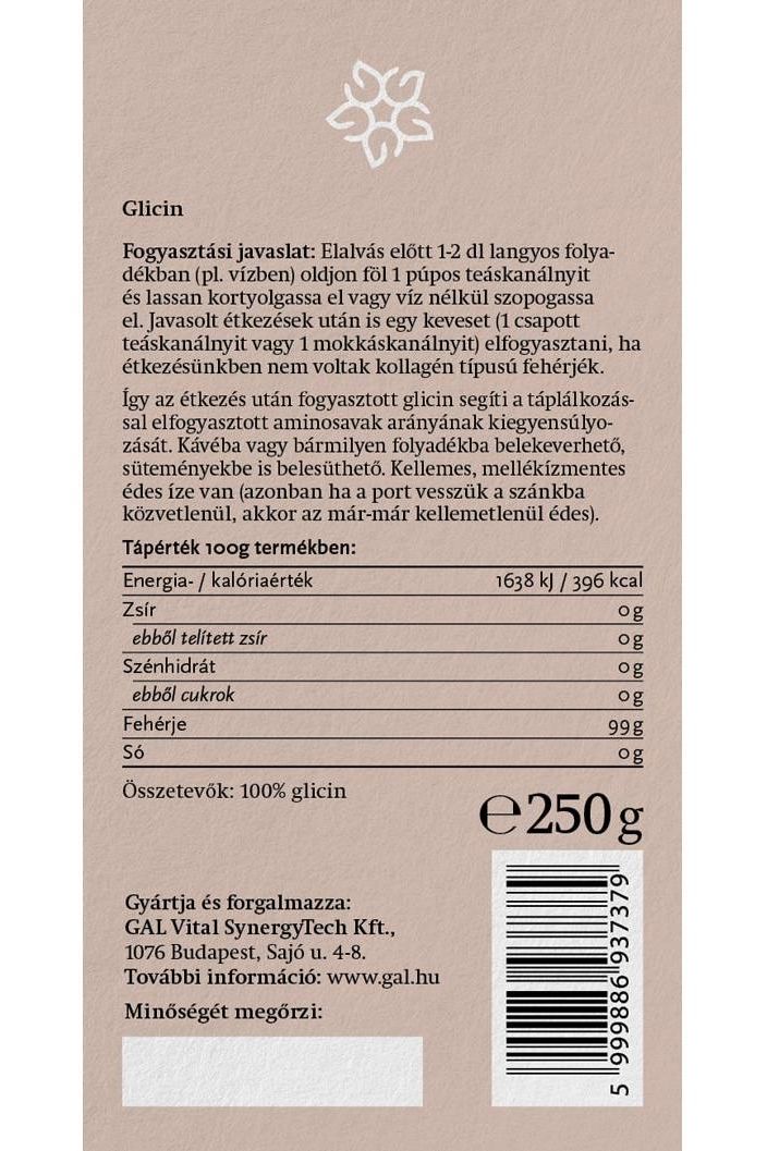 GAL Glycine Powder ingredient label, nutritional information, and usage instructions, 250g package.