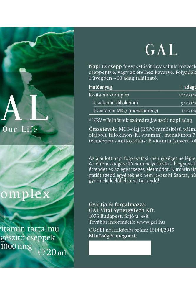 GAL K-complex Forte 20 ml supplement label featuring vitamin and mineral content information.