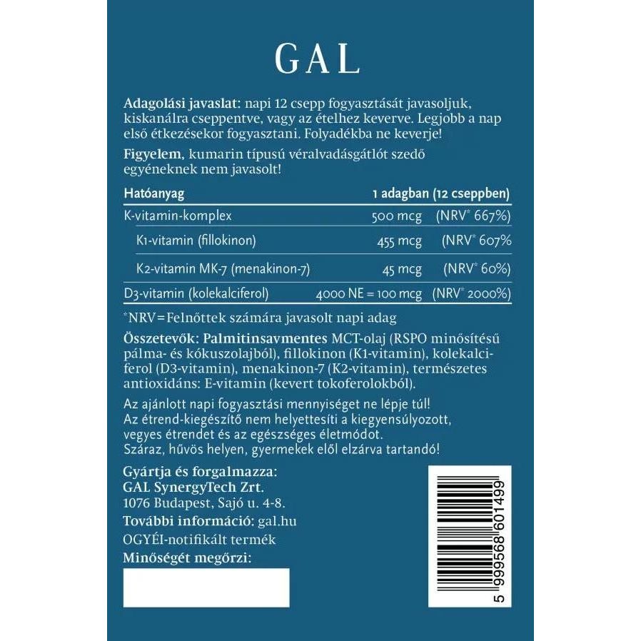 GAL K-komplex+D3 drops 20 ml product label showcasing ingredients and nutritional information.