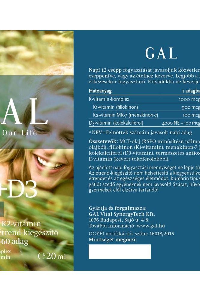 GAL K2+D3 Forte 20 ml supplement label showcasing benefits for bone health and calcium absorption.