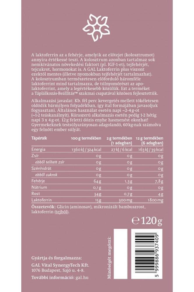 GAL Laktoferrin plus 120g package details with nutritional information and benefits for immune support.