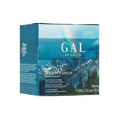 GAL Multivitamin packaging, supports immune health and energy production, 30 servings in a beautiful nature-themed box.