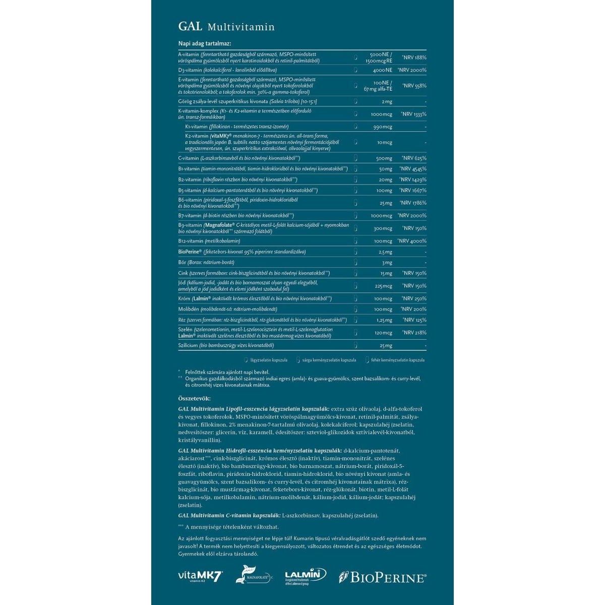 Label for GAL Multivitamin highlighting nutrients and benefits, including vitamins and minerals.