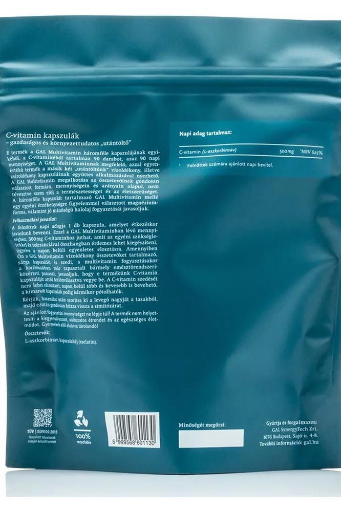 GAL Multivitamin refill packaging with nutritional information, eco-friendly design, 90 servings.