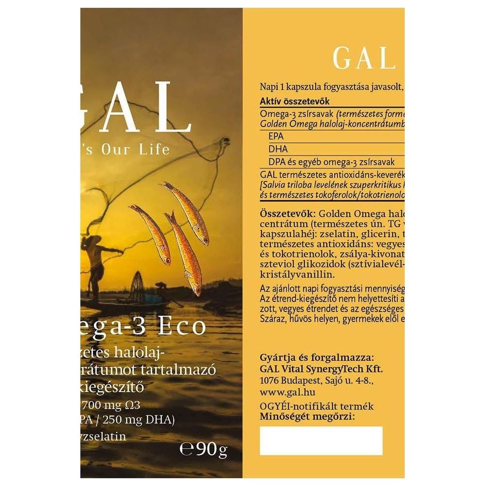 GAL Omega-3 Eco 60 Softgels packaging, featuring benefits for heart health and inflammation support.