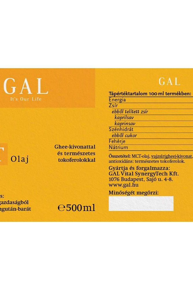 Label of GAL Premium MCT Oil 500ml highlighting nutritional information and ingredients.
