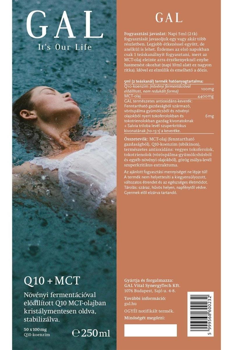 GAL Q10 + MCT Oil 250 ml label showcasing product benefits and usage instructions.