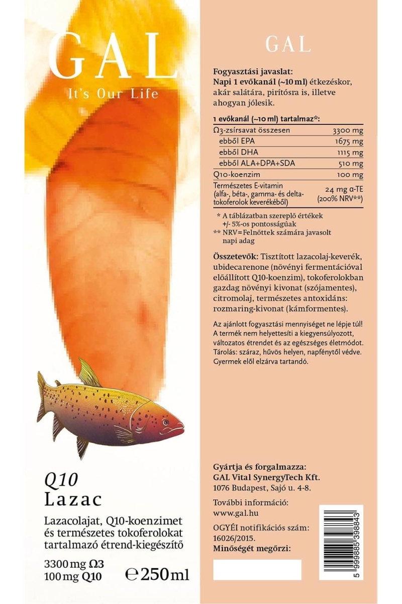 GAL Q10 Salmon Oil 250ml label showcasing ingredients and health benefits, rich in omega-3 fatty acids.