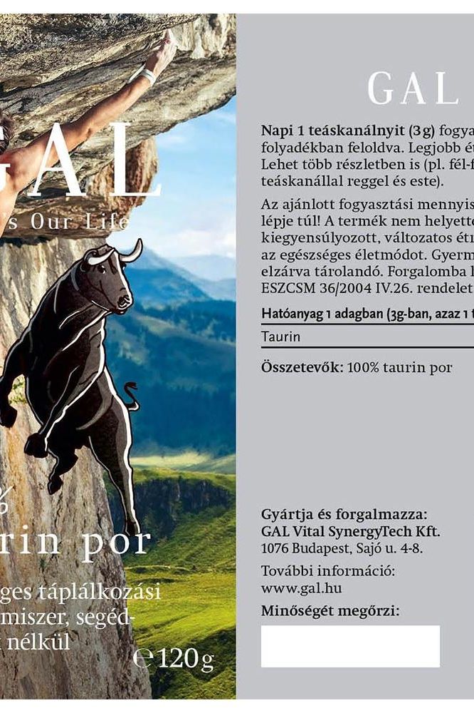 GAL Taurin Powder 120 g packaging promoting energy boost and heart health with mountain scenery, featuring a bull illustration.
