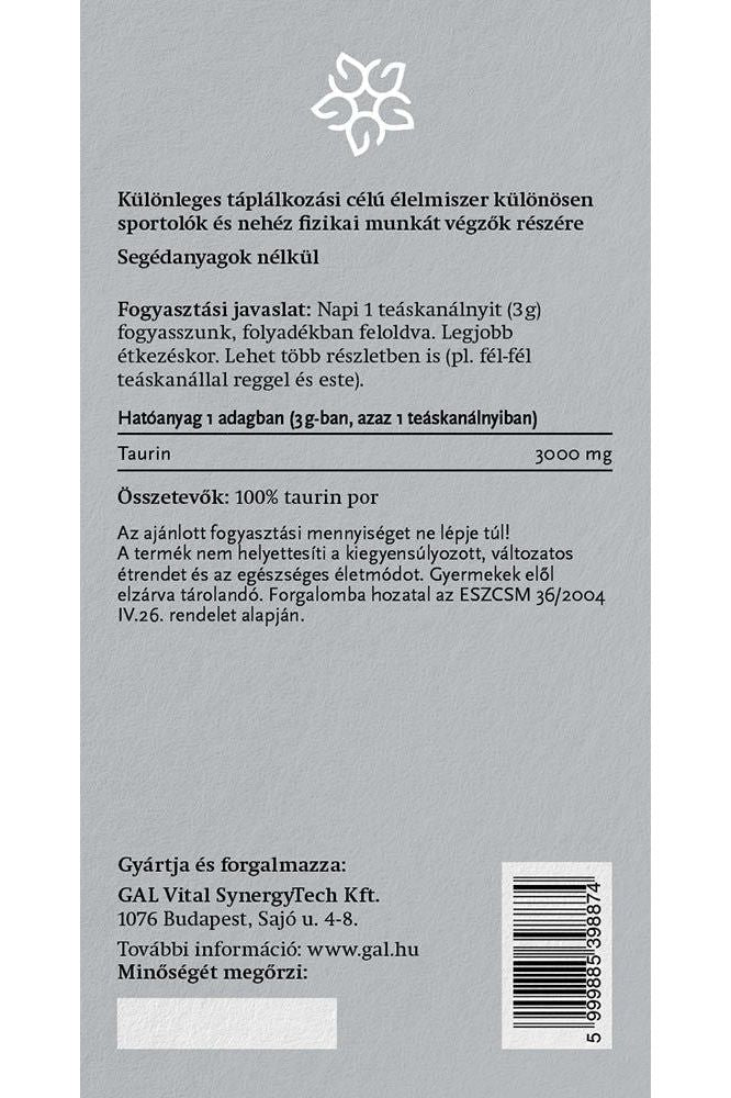 GAL Taurine refill pouch back label detailing usage and ingredients, emphasizing energy support for athletes.