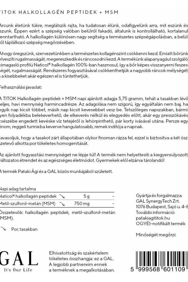 Back label of GAL - TITOK Fish Collagen Peptides + MSM packaging, highlighting benefits and ingredients.