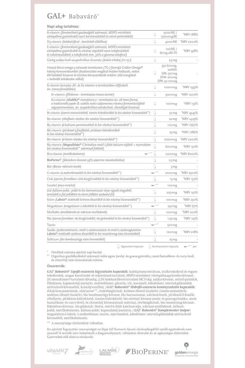 Nutrition facts and ingredient list for GAL+ Babavärdö vitamin for pregnant women, featuring benefits and dosage information.