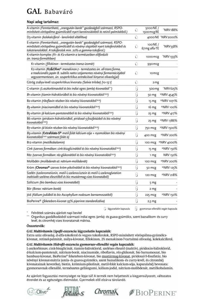 Nutritional information for GAL Babavaro, detailing vitamin content and daily serving recommendations.