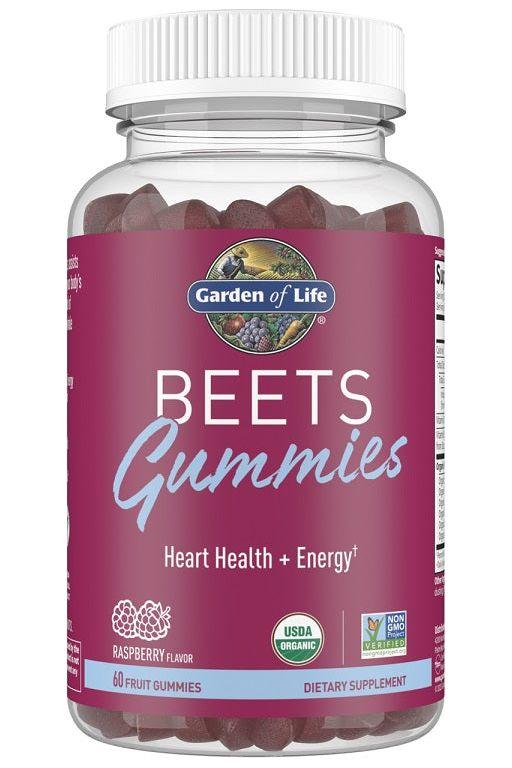 Garden of Life Beets Gummies bottle, raspberry flavor, for heart health and energy, USDA organic, 60 fruit gummies.