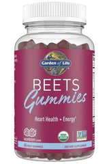 Garden of Life Beets Gummies bottle, raspberry flavor, for heart health and energy, USDA organic, 60 fruit gummies.