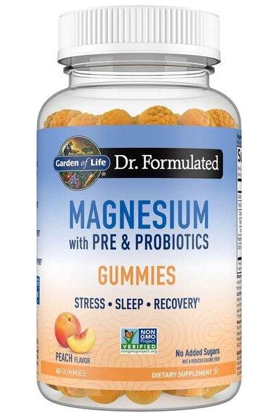 Garden of Life Dr. Formulated Magnesium Gummies with Pre & Probiotics, peach flavor, promotes stress relief and sleep.