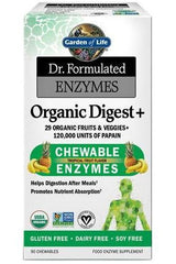 Garden of Life Dr. Formulated Organic Digest+ chewable enzymes, 90 tablets, tropical fruit flavor, supports digestion.