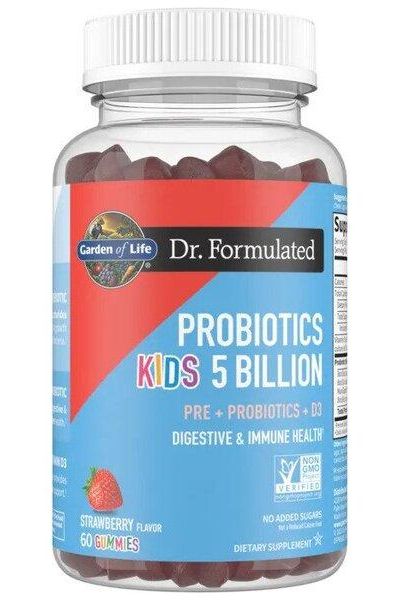 Garden of Life Dr. Formulated Probiotics Kids 5 Billion Gummies in strawberry flavor for digestive and immune health.