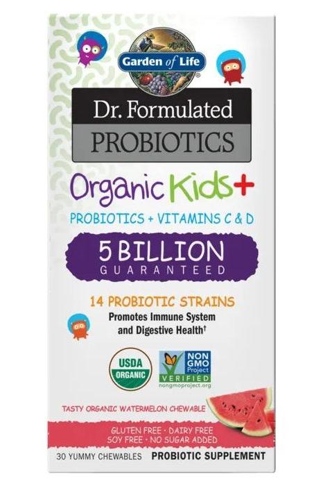Garden of Life Dr. Formulated Probiotics Organic Kids+ box featuring 5 billion CFU, 14 strains, and watermelon flavor.