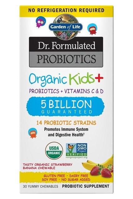 Garden of Life Dr. Formulated Probiotics Organic Kids+ with 5 billion CFU, 14 strains, strawberry-banana flavor for kids.