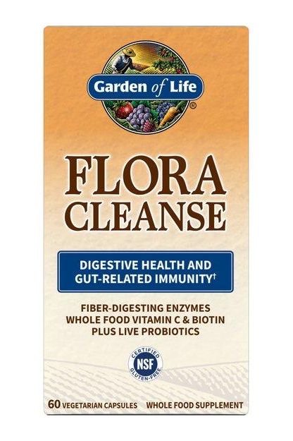 Garden of Life Flora Cleanse product box highlighting digestive health and gut-related immunity benefits.
