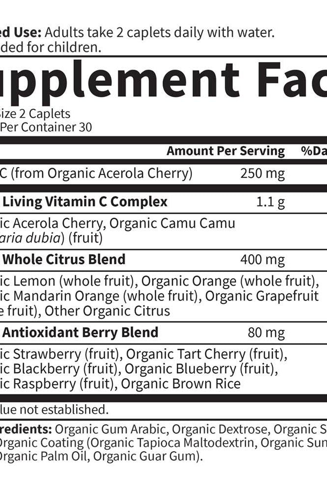 Supplement facts panel for Garden of Life Living Vitamin C featuring ingredients and serving size details.