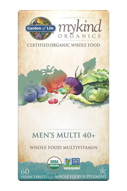 Garden of Life Mykind Organics Men's Multi 40+ whole food multivitamin box with fruits and vegetables, USDA Organic.