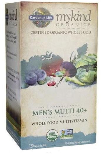 Garden of Life mykind Organics Men's Multi 40+ whole food multivitamin packaging, USDA Organic certified.