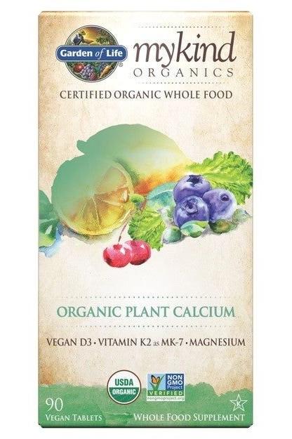 Garden of Life Mykind Organics Plant Calcium supplement box featuring organic calcium, vegan D3, K2, and magnesium.