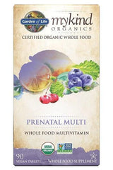Garden of Life Mykind Organics Prenatal Multi supplement box featuring organic fruits and vegetables.