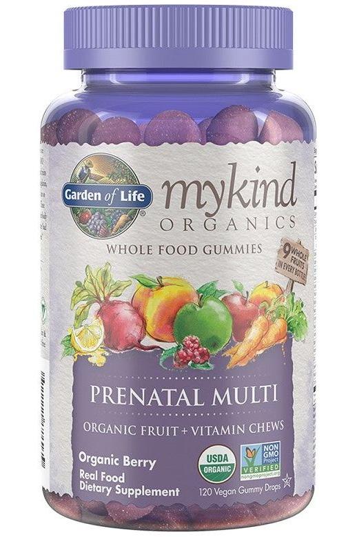 Garden of Life mykind Organics Prenatal Multi gummies bottle with organic fruit chews for pregnancy support.