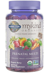 Garden of Life mykind Organics Prenatal Multi gummies bottle with organic fruit chews for pregnancy support.