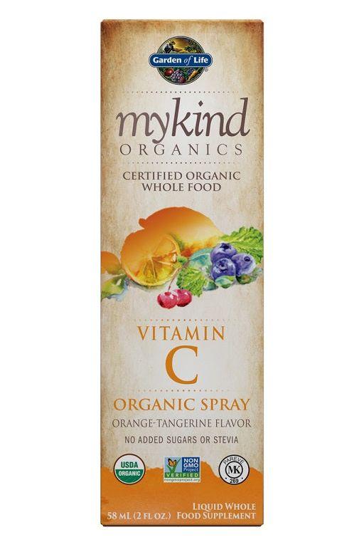 Garden of Life Mykind Organics Vitamin C Organic Spray in orange-tangerine flavor, certified organic whole food supplement.