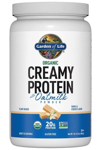 Garden of Life Organic Creamy Protein with Oatmilk, 20g protein, gluten-free, vanilla cookie flavor, plant-based protein powder.