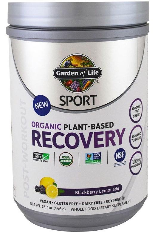 Garden of Life Organic Plant-Based Recovery powder in Blackberry Lemonade flavor for post-workout recovery and muscle support.