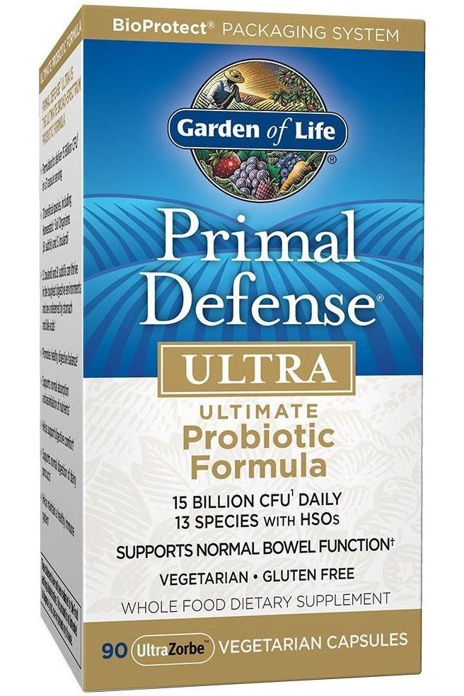 Garden of Life Primal Defense Ultra probiotic formula, 90 vegetarian capsules, supports gut health and immunity.