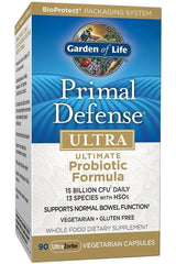 Garden of Life Primal Defense Ultra probiotic formula, 90 vegetarian capsules, supports gut health and immunity.