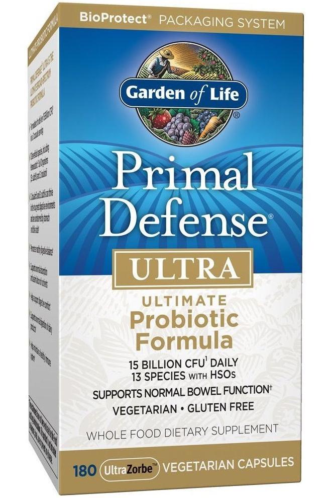 Garden of Life Primal Defense Ultra probiotic capsules for gut health, 180 vegetarian capsules, gluten-free, 15 billion CFU daily.