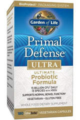 Garden of Life Primal Defense Ultra probiotic capsules for gut health, 180 vegetarian capsules, gluten-free, 15 billion CFU daily.