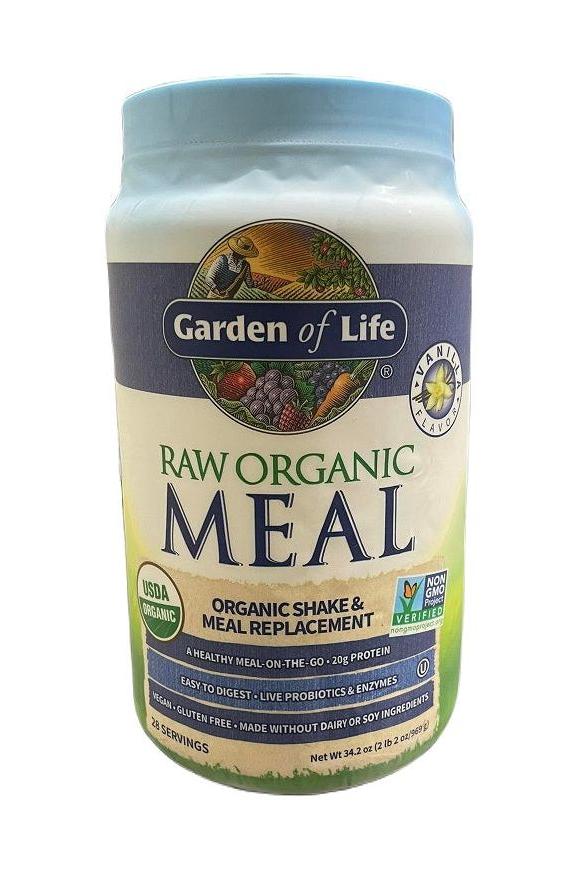 Garden of Life Raw Organic Meal, nutritious meal replacement shake in a container, packed with protein and probiotics.